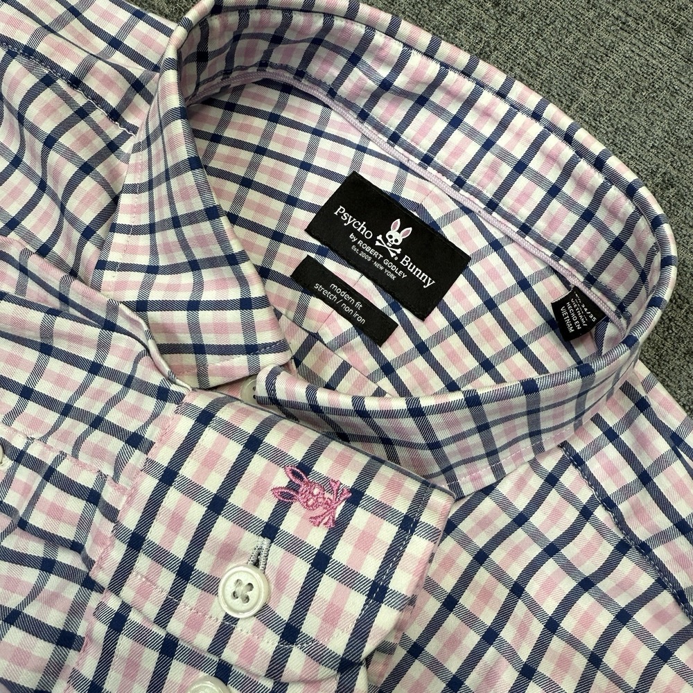 Psycho Bunny Modern Fit Stretch Button Up Shirt Mens XL 16.5-34/35 Pink Blue